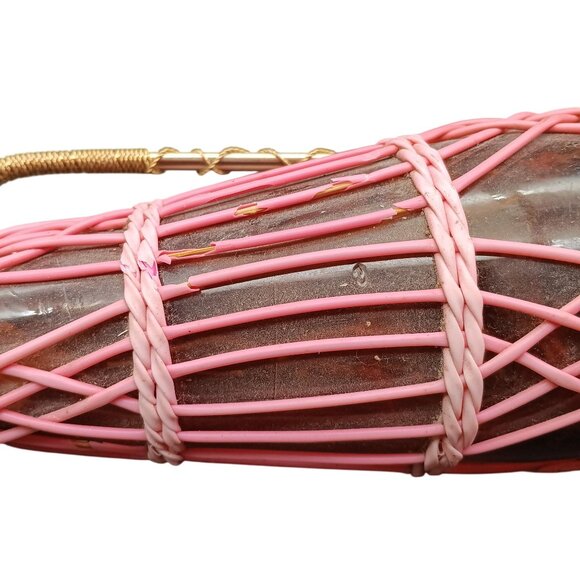 Vintage Woven Glass Bottle With Pink & Blue Straw Design And Handle - Picture 5 of 5